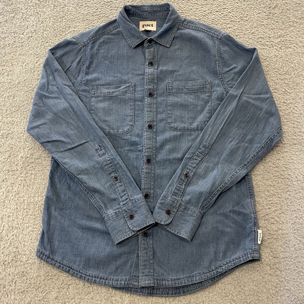 Pact Chambray‎ Button Up Shirt Mens S (Fits M) Oversized Organic Cotton Denim